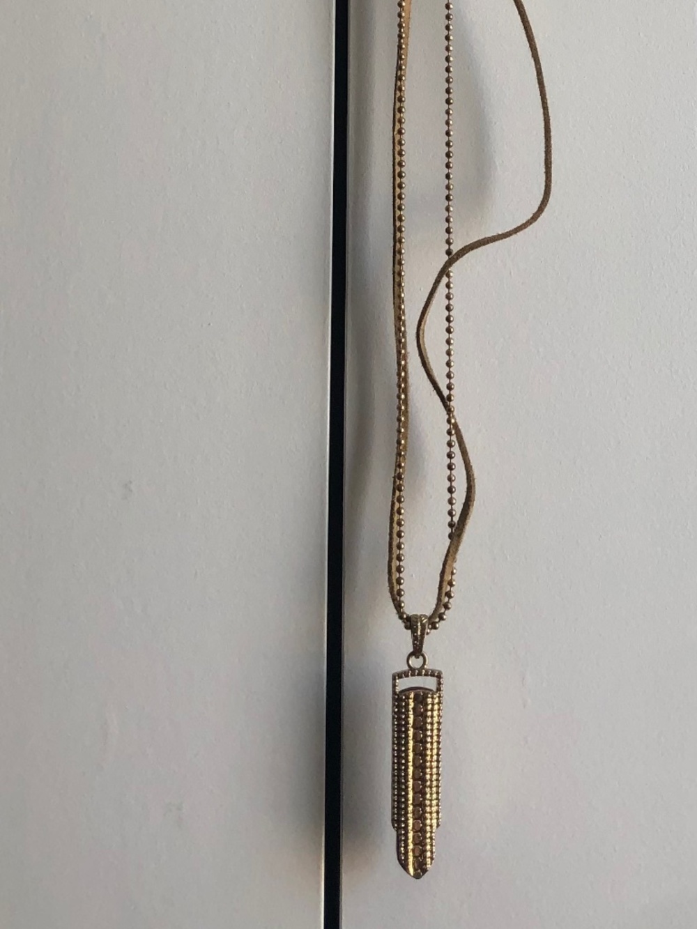 Boho Gold Long Pendant Necklace Rhinestone Textured Bar